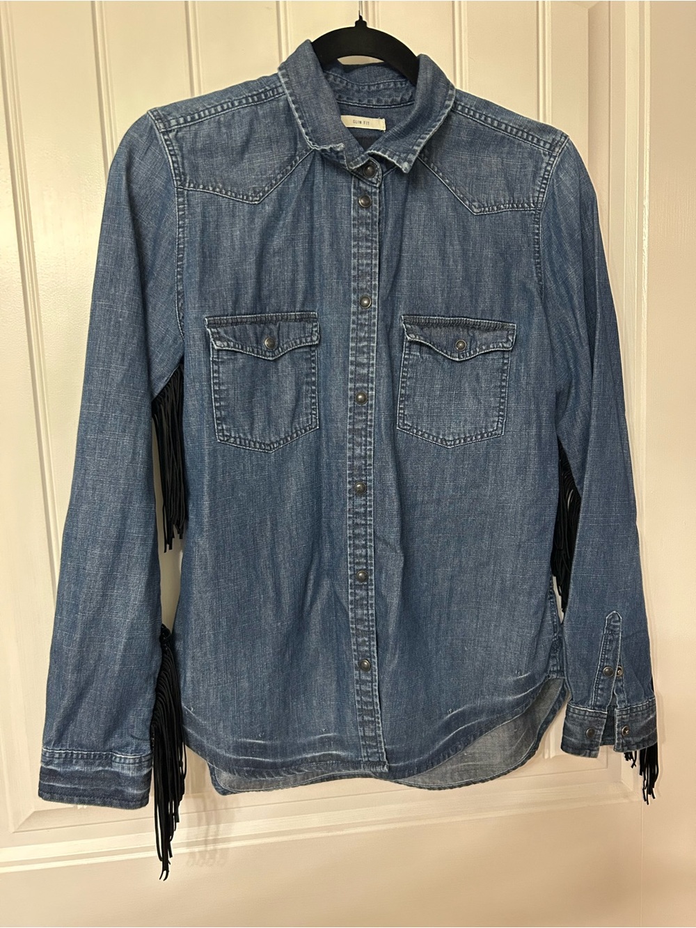 American Eagle Denim Button-Up Shirt with Fringe
